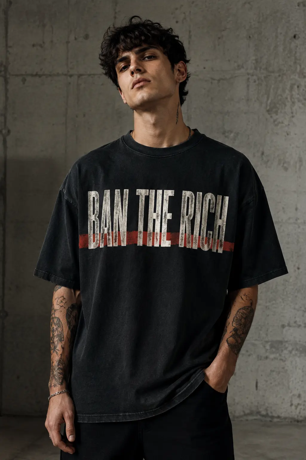 Model wearing the washed-black BAN THE RICH heavyweight T-shirt