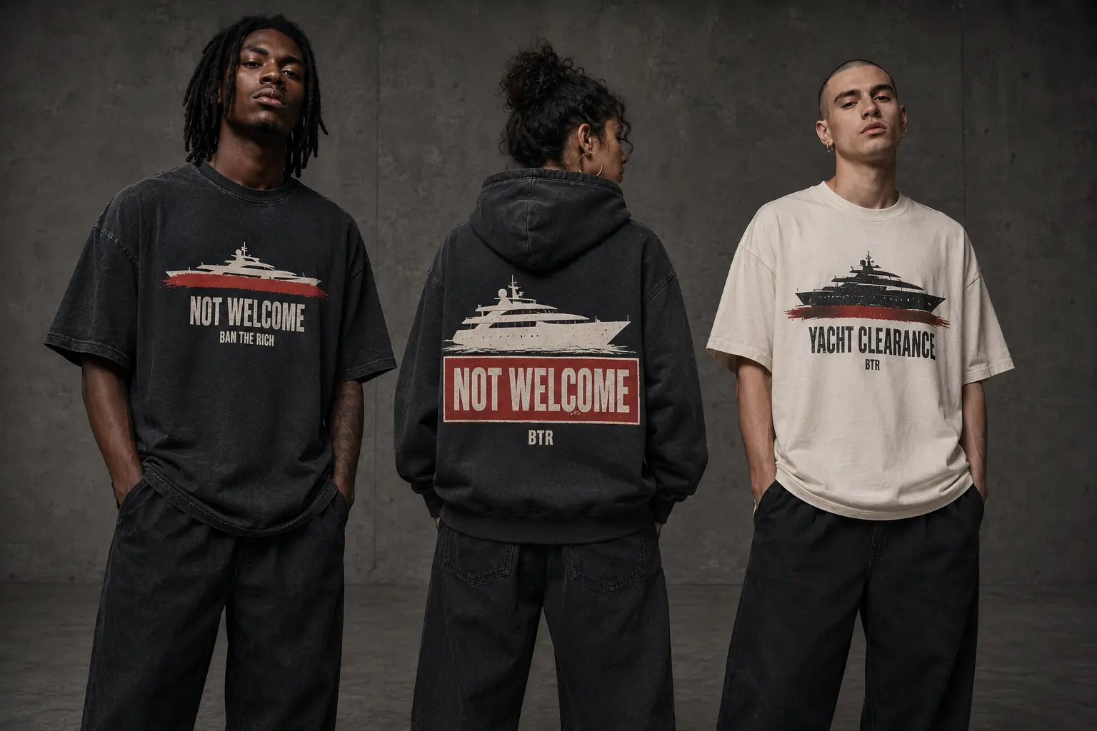 Model wearing the black NOT WELCOME superyacht graphic T-shirt